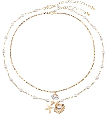 Lameybrt Muschelkette choker kette damen surferkette ethno muschel kette boho schmuck Choker Halskette Weiße Muschelkette (Shell 18 Golden Shell)