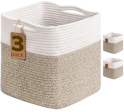 28x28 cm Cube Storage Bins, 3Pcs Rope Woven Baskets for Organizing, Storage Baskets for Shelves Gift Organization Empty, Square Toy Bins for Classroom, Nursery Closet, White & Brown