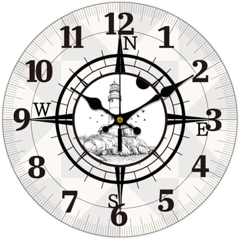 CHGCRAFT 12 Zoll Leuchtturm am Meer Wanduhr Kompassmuster Batteriebetriebene Stille WanduhrNicht tickende Runde Dekorative Uhr für Büro Haus Küche Dekor