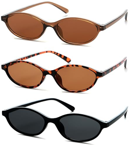Unning 3 Stück Oval Sonnenbrille Set Damen,Vintage Cateye Sonnenbrillen Neon Lustige Schmal Brillen für Damen