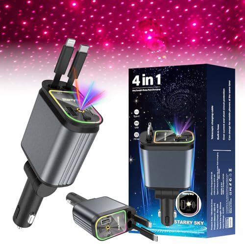 Sternenhimmel Auto Ladegerät 4 in 1 Autoladegerät Sternenhimmel Projektor Auto Handy Ladegerät Einziehbares Auto Ladegerät USB C Schnellladegerät Auto Zubehör (Rot)