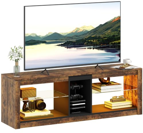 HOMCOM Meuble TV LED avec Télécommande pour TV 65 Pouces 140x35x47cm Marron | Meuble Télé Bois, Étagères, Compartiments Ouvert, Salon, Chambre à Coucher