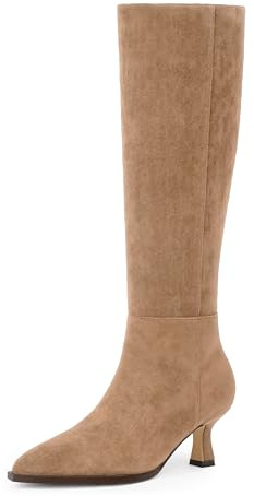 Modatope Knee High Boots Kitten Low Heel Faux Leather Pointed Toe Side Zipper Fall Long Tall Boots for Women, Tan Suede, 7 UK
