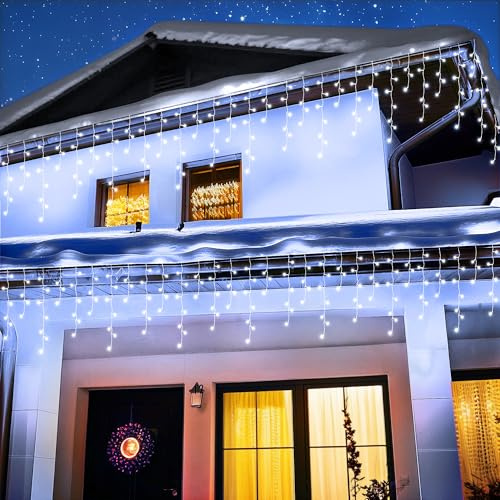 BrizLabs Weihnachten Eisregen Lichterkette, 1000 LED Weihnachtslichterkette Außen Strombetrieben Eiszapfen Lichtervorhang 8 Modi Wasserfest für Dachkante Garten Balkon Party Hochzeit Deko, Kaltweiß