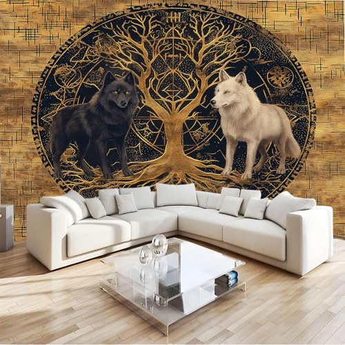 Fotomurales Runa De La Rama Del Lobo Animal Papel pintado 400 x 280 cm tejido no tejido, Arte Papel tapiz mural Amarillo Moderna Decoración De Pared Sala Oficina Salón
