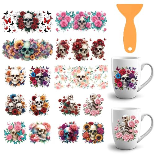 GOMAKERER 15 Stile Blumenschädel UV DTF Cup Wraps, 10 Blatt Punk Skelett Gothic Cup Wraps Aufkleber Halloween Wasserdicht Zum Aufreiben Transferaufkleber Für Glasbecher Möbeldekorationen