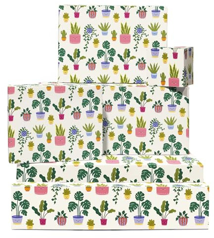 Plant Papel De Regalo - Crema - 6 Hojas De Cream Wrap With Colourful Potted Plants - Cumpleaños Wrap For Gardeners Amigos & Family - Navidad Season Acción De Gracias Fiesta De Bebé