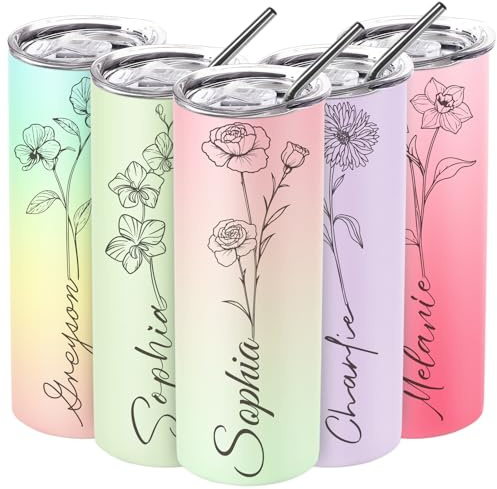 SECOGM Thermobecher Personalisiert mit Bild-Personalisierter Kaffeebecher mit Strohhalm und Deckel (20oz-Geburtstag Blume)
