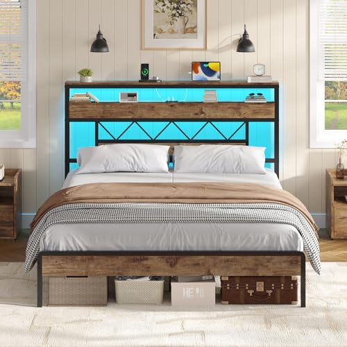 Bett 140X200 mit LED-Beleuchtung, Bettgestell 140x200 Lattenrost aus Metall, Metallbett mit Steckdose, Holzkopfteil mit 2 Offener Einlegebode, Stauraum unter dem Bett, Schlafzimmer, Vintage-Braun