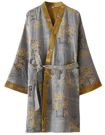 Men's Long Silk Robes Satin Kimono Floral Silky Bathrobes Dressing Gown Padded Short Jacket Cardigan Wrap Front Chinese Hemfu Style Printed Patchwork Loose Outwear, O Light Green, L
