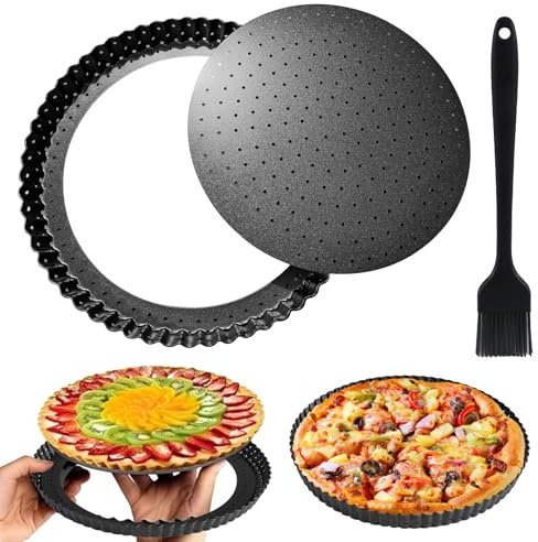 CALLYSONIC Gelochte Quicheform 28cm mit Bürsten, Karbonstahl Tarteform mit Hebeboden, Tartelette Förmchen, Antihaft-Flanform zum Backen, Quiches, Geriffelte Runde Kuchenform (Schwarz)