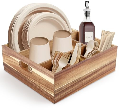 unbholkk Bandeja para cubiertos, organizador de cocina, organizador de cubiertos de madera, con 6 compartimentos para platos, tazas, cubiertos para cocina, camping, buffet