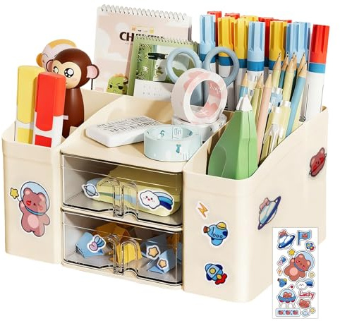 Lvjkes Portapenne Scatola Portapenne, Organizer scrivania 8 Scomparti Grande Capacità,Cassetto Trasparente a Doppio Strato, Può Contenere matite, pastelli, Vari Articoli di Cancelleria - Beige