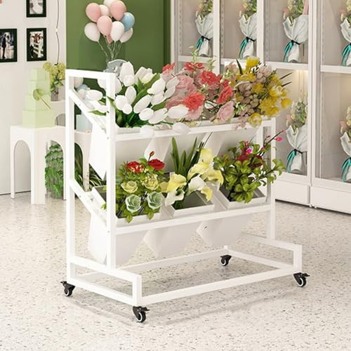 Soporte de Exhibición de Flores con Cubos de Plástico, Soporte de Planta de Escalera de 3 Niveles ,Soporte de Barra de Flores de Metal Carro de Flores en Movimiento Estante de Ramo de Floristería