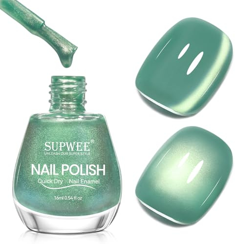 SUPWEE Magnet Nagellack Schnelltrocknend, Grün Cat Eye Nagellack Ohne UV | Glänzender Frühling Sommer Fast Lacquer Magnet Lack Naildesign für den Home Salon Gebrauch 16ml