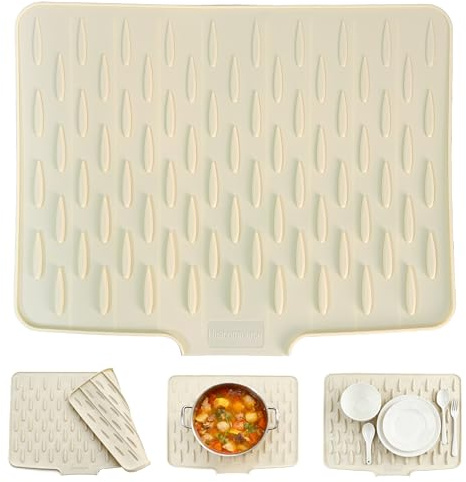 Silicone Dish Drying Mat, Heat-Resistant, Non-Slip Sink Drainer Board & Foldable for Easy Storage. The Essential worktop Saver for counters, Sinks, Tables & refrigerators. (Cream, 40x32cm)