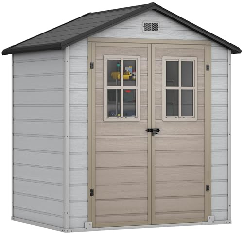 DWVO Gerätehaus Kunststoff 203x147x207 cm, Gartenschuppen mit Doppelwand & Fenstern, Wetterfester Aufbewahrungsschuppen für Rasenmäher, Gartengeräte & Fahrrad, Abschließbar,Greige & Grau