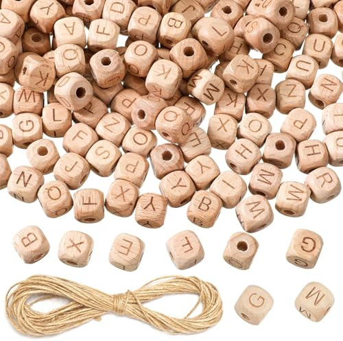 Qaestuan 104 Stück Holzbuchstaben Perlen Buchstaben Holz von A-Z Holzperlen | mit 10M Schnurseil 12mm Holzperlen Buchstaben Würfel für Armbänder Selber Machen Letter Beads für DIY Schmuck