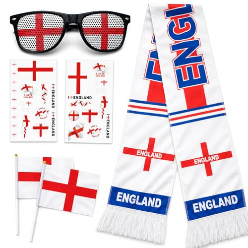 England Fan Set for Major Football Event 2026 - England Scarf, Flag Design Glasses, 2 Hand Held Flags & 2 Tattoo Sticker Sheets – Premium England Accessories Kit for Match Day