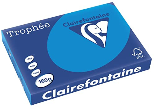 Clairefontaine 1015C - Ries mit 250 Blatt Druckerpapier / Kopierpapier Trophée, DIN A3 (29,7x42 cm), 160g, Karibikblau Intensive Farbe, 1 Ries