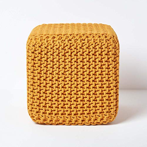 Homescapes Pouf lavorato a maglia a cubo di senape, pouf a maglia 35 x 35 x 35 cm, sgabello lavorato a maglia con rivestimento in 100% cotone, imbottitura in 100% polistirene
