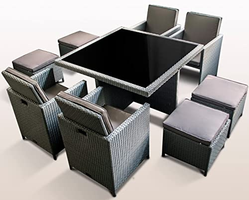 Ragnarök-Möbeldesign PolyRattan - DEUTSCHE Marke - EIGNENE Produktion - 8 Jahre GARANTIE auf UV-Beständigkeit Gartenmöbel Essgruppe Tisch + 4 Stühle & 4 Hocker 12 Polster Platinum Grau