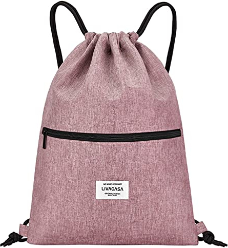 LIVACASA Turnbeutel Mit Reißverschluß Innentasche Sportbeutel Wasserdicht Hipster Beutel Seitentasche Gym Bag Gefüttert Rucksack Mit Verstellbar Tunnelzug Turnsack Gymsack für Damen Herren Kinder Rosa