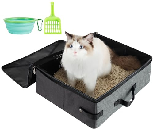 HiCaptain Caja de arena portátil de viaje para gatos, 49 cm de largo x 39,1 cm de ancho x 15 cm de alto, caja de arena plegable con tapa y asa para viajes por carretera, hotel, camping, avión, coche
