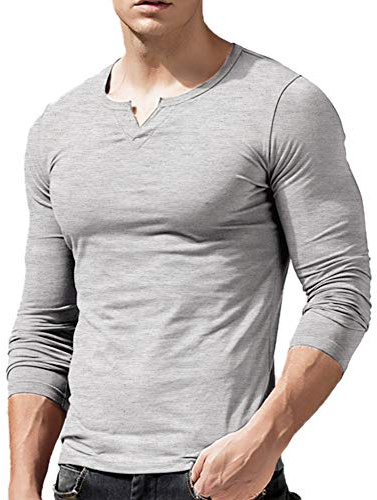 Men Slim Fit Long Sleeve Henley T-Shirt Casual V-Neck Undershirts Cotton Color Grey Size M