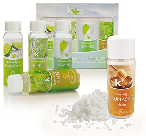KK Sauna -Set mit Salz Peeling | KK Saunaaufgussset Skandinavien 4 x 100 ml + 200 g KK Saunasalz Honig | Saunakonzentrat + Sauna Peeling Salz Honig