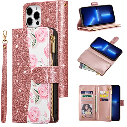 UEEBAI Wallet Case for iPhone 13 Pro Max 6.7 inch, Glitter PU Leather Magnetic Closure Handbag Zipper Pocket Case Kickstand Card Holder Slots Wrist Strap TPU Shockproof Flip Cover - Bling Rose Gold