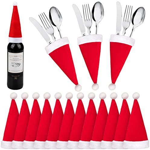 HUHUDAY Weihnachtsmütze Klein, 12 Mini Nikolaus Weihnachtsmütze, Weihnachtstischdeko, Besteckhalter Weihnachten, Bestecktasche - Weihnachten Tischdeko für Abendessen & Partys