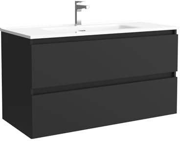 Mueble de baño Bequia 100 cm con Lavabo 100% montado de fábrica | Acabado Negro Mate suspendido 2 cajones Cierre amortiguado Apertura con uñero | Lavabo Porcelana Blanca | Marca Salgar