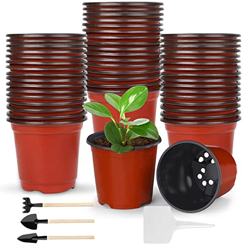 JOKILY 50 stycken mjuka plastkrukor, 15 cm plastkrukor, blomkrukor för blommor och växter, odlingskrukor, runda plastkrukor med 3 träspadar och 10 växtaggar