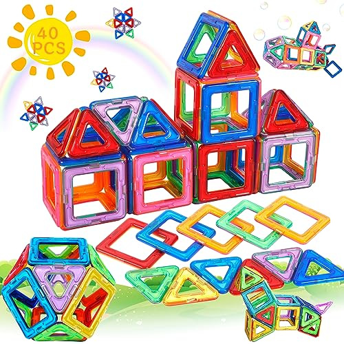 AOUVT 40 Pcs Jeu de Blocs de Construction Magnétiques, Jouets de Blocs de Construction Éducatifs, Jouets de Construction Magnétiques - Cadeau Parfait pour 3 4 5 6 7 8 Garçons Filles