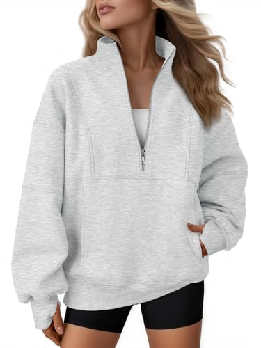 AUTOMET Womens Quarter Zip Oversized Sweatshirts Teen Fleece Pullover Hoodies 2026 Mock Neck Sweater Fall Workout Jacket Grey M