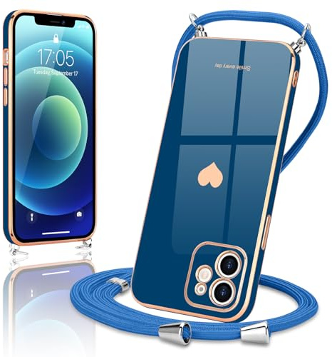 Wirvyuer Handyband Kompatibel mit iPhone 12 Handyhülle Necklace Hülle mit Band zum Umhängen Kameraschutz Liebesherz Schutzhülle mit Halsband Galvanik Silikon Umhängetasche für iPhone 12 Blau