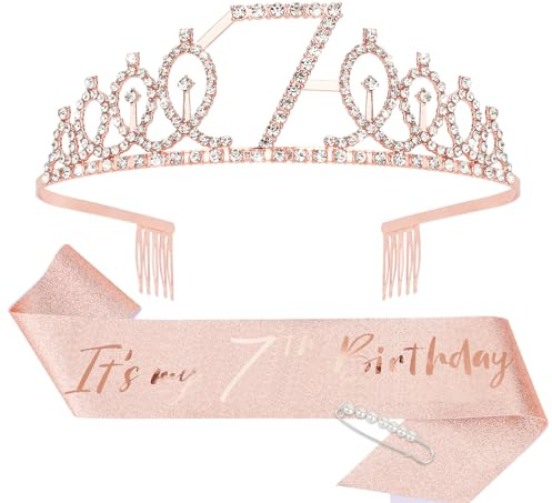CIEHER 7th Birthday Crown + Sash + Pearl Pin Set, Girls' 7th Birthday Gifts and Happy Party Decorations