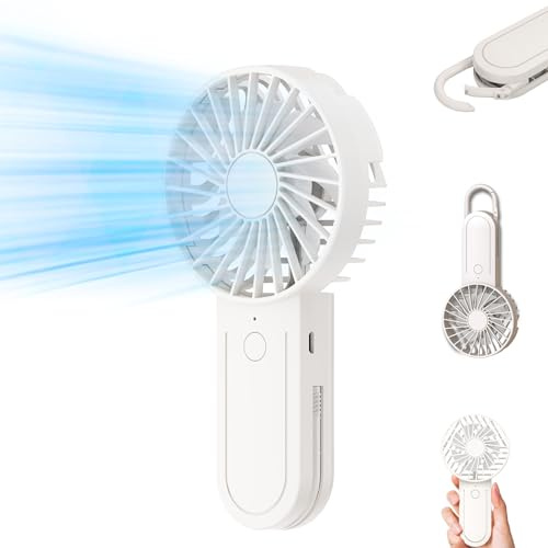 KIMTAR Mini Ventilator Handventilator，Kleiner Tragbarer Ventilator mit Teleskophaken, Wimpernventilator Akku Aufladbar mit 3 Geschwindigkeiten für Drinnen und Draußen Reisen Weiß