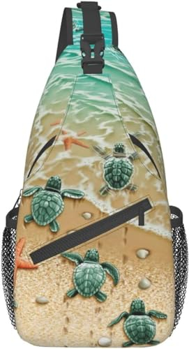 KWQDOZF Sling-Rucksack Umhängetasche Brusttasche Schildkröten-Seestern-Aufdruck Sling-Tasche für Reisen Sport