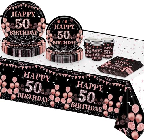 TOPWAYS Deko 50 Geburtstag Frauen, Schwarz Roségold Tischdeko 50. Geburtstag Frauen Partygeschirr Geburtstagsdeko Pappteller Tischdecke Pappbecher Servietten (16 Gäste) (50 geburtstag frau)