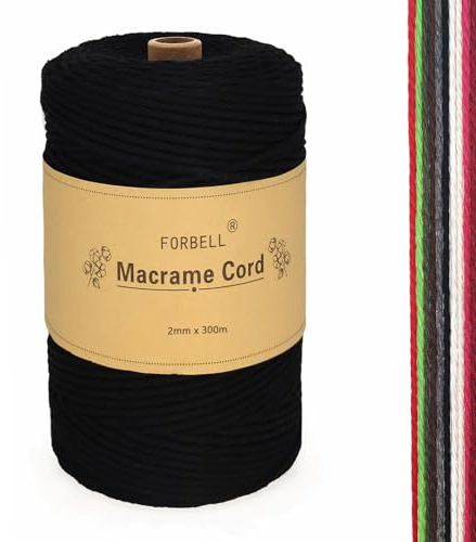 FORBELL Makramee Garn, 2mm x 300m Premium Baumwollgarn, DIY Handwerk (Schwarz, 2 mm x 300 M)