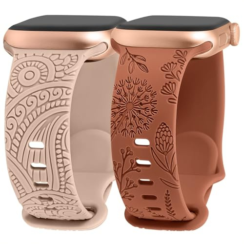TOYOUTHS 2 Packs Floral Engraved Straps Compatible with Apple Watch Strap 41mm 40mm 38mm Women, Boho Silicone Henna Dandelion Cute Strap for iWatch Series 9/8/7/SE/6/5/4/3/2/1, Nude+Brown
