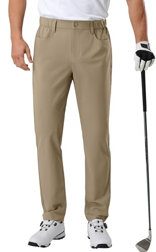Pioneer Camp Pantalones de golf para hombre, elásticos, transpirables, largos, con cintura elástica y 3 bolsillos funcionales, caqui, 38