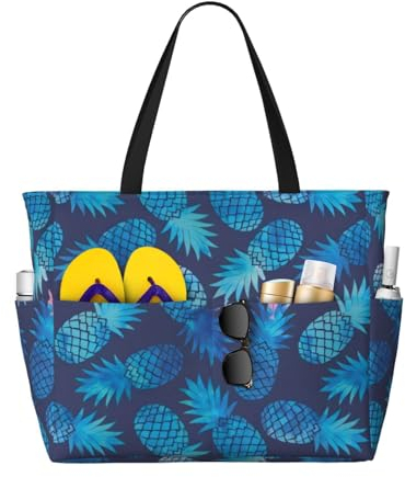 BGGNDZ Sac à main de plage avec imprimé verres à cocktail et bouteilles de vin - Grande capacité, Ananas bleu., Taille unique