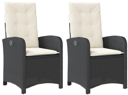 KOIECETA Gartensessel mit Kissen 2 STK. Gartenstuhl mit Verstellbarer Rückenlehne Liegestuhl mit Stahlrahmen Sessel Stuhl Relaxsessel Poly Rattan Schwarz