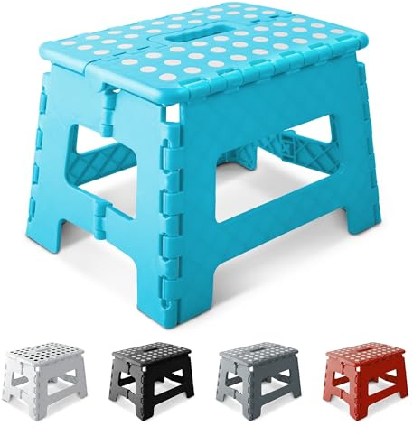 KEPLIN 9 Inch Heavy Duty Folding Step Stool | Non-Slip Foldable Footstool for Toddlers, Children & Adults | Portable, Lightweight Plastic Footstep w/Carrying Handle for Indoor or Outdoor (Blue)
