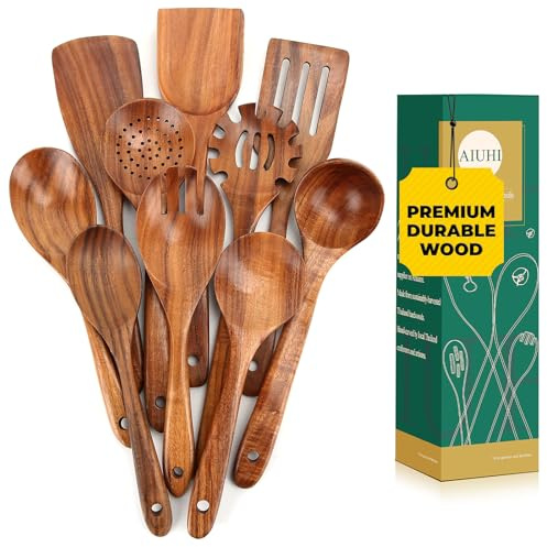 AIUHI 10-teiliges Teakholz-Küchenutensilien-Set, Holzutensilien zum Kochen, antihaftbeschichtetes Küchen-Pfannenwender-Set zum Kochen und Servieren