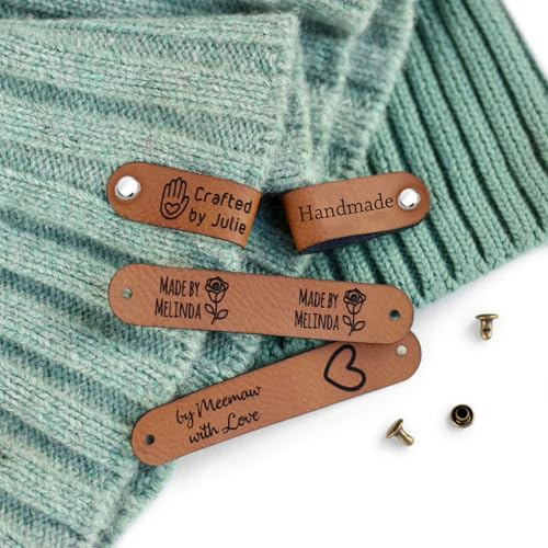 10PCS Personalised Leather Labels for Clothing - Customisable Content With Rivets, Handmade for Knitting and Crochet, Custom Logo and Care (Style-A)