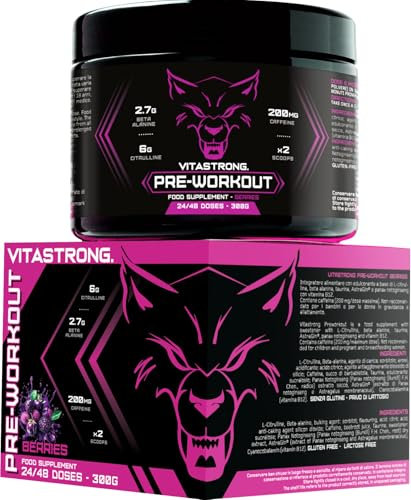 Pre Workout Potente 300g, Preworkout Vegan con Vitamina B12, L Citrullina, Beta Alanina, Caffeina, Taurina, AstraGin, Vitastrong Pre Workout Made in Italy (24 Porzioni (Confezione da 1), Berries)